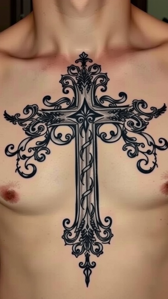 Vintage cross tattoo with intricate scrollwork on a man's chest