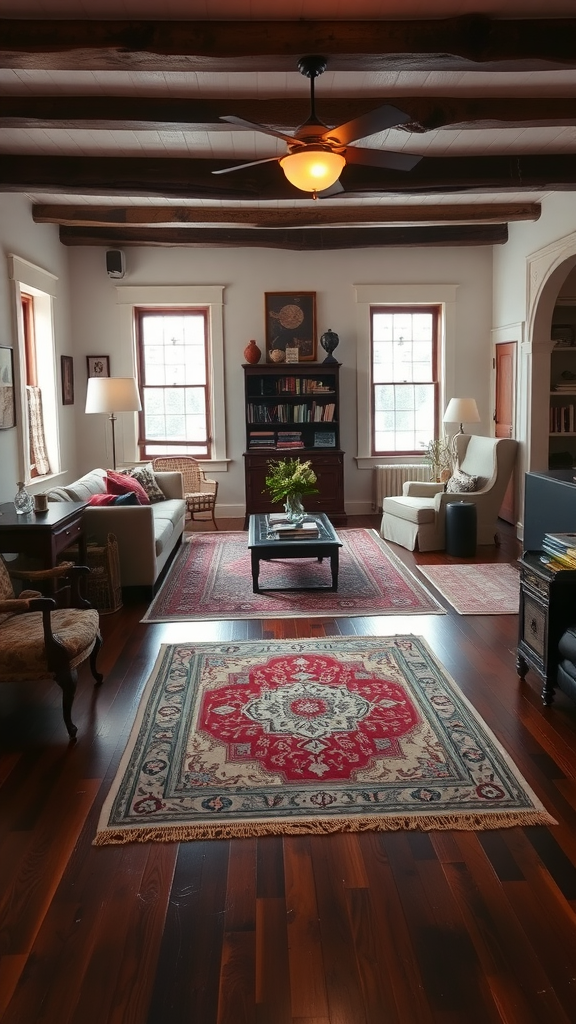 Cozy living room with dark wood floors, vintage furniture, and colorful rugs.