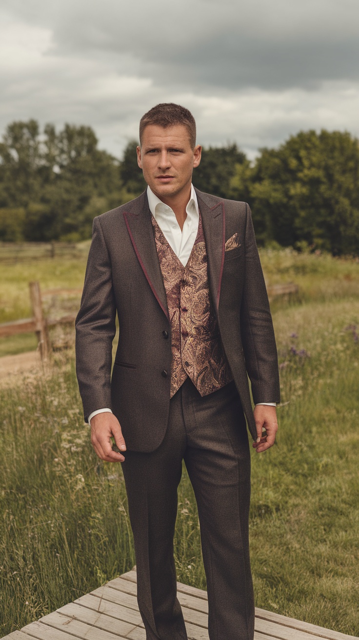 Man in a vintage inspired three-piece suit standing in a field.