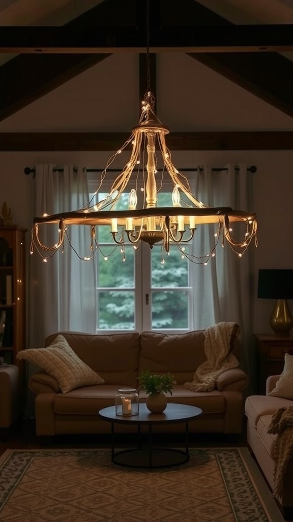A vintage ladder chandelier hanging above a cozy living room setting with soft lighting