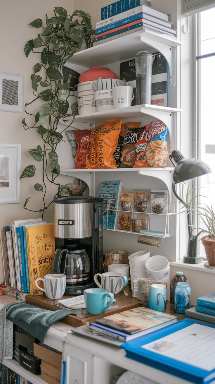 A cozy beverage station with a coffee maker, colorful mugs, snacks, and books, creating a warm atmosphere.