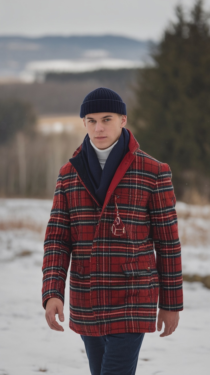 Teenage guy in a red plaid coat and navy hat walking in a snowy landscape.