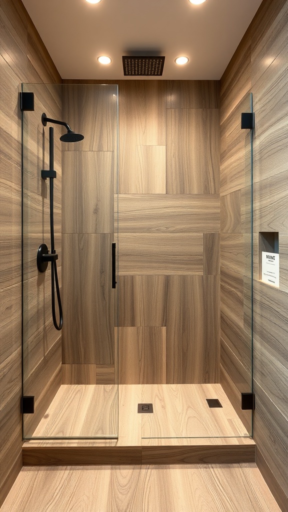 A modern walk-in shower with wood-look tiles, featuring a glass door and sleek black fixtures.
