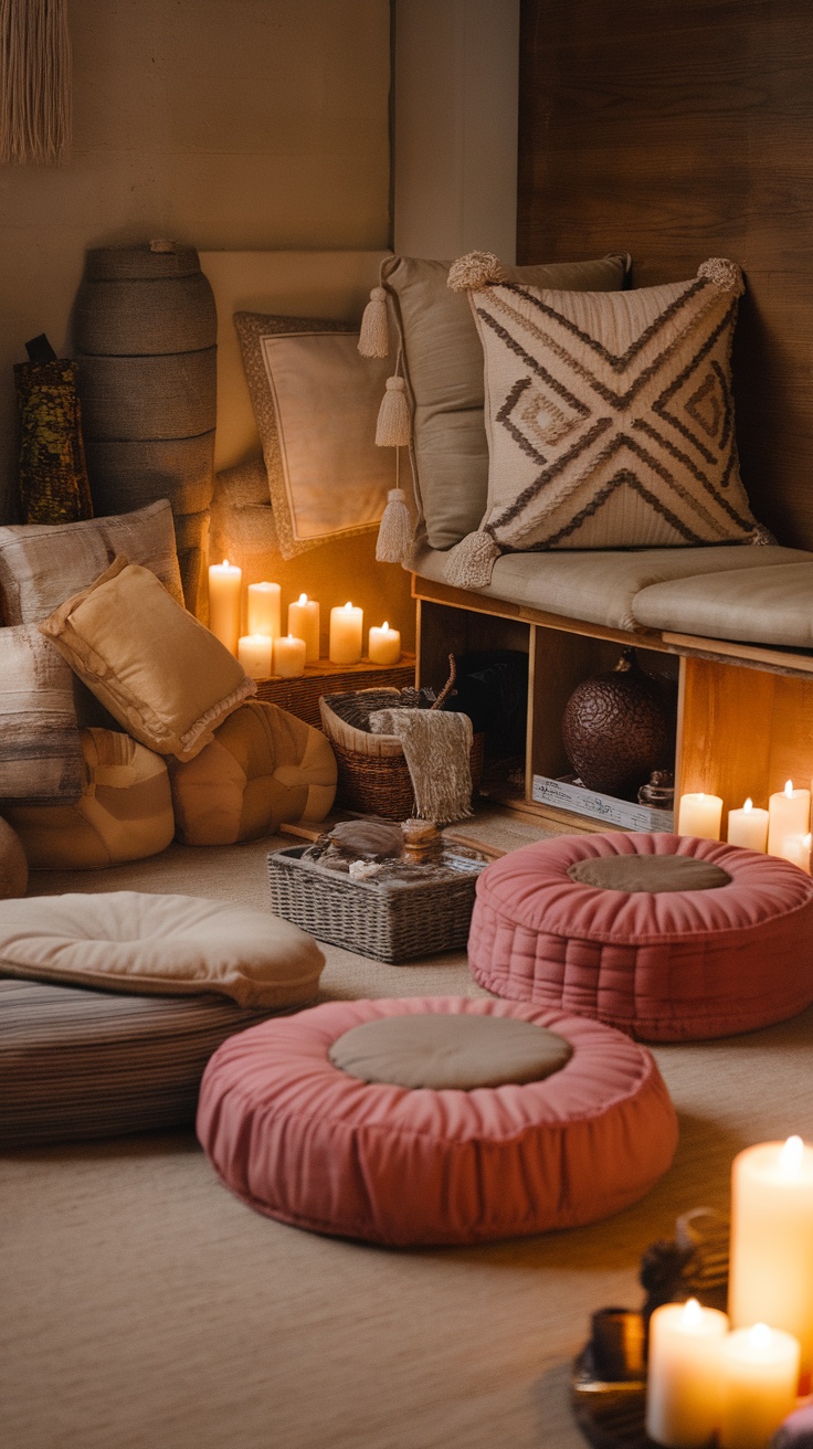 A cozy zen meditation corner with cushions and candles