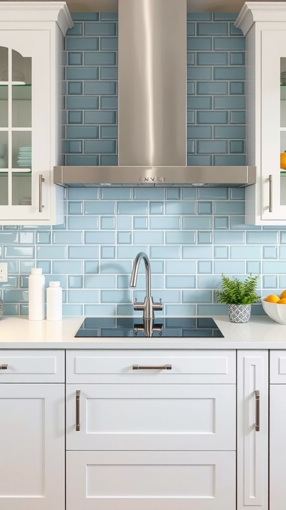 Modern kitchen featuring light blue backsplash tiles.