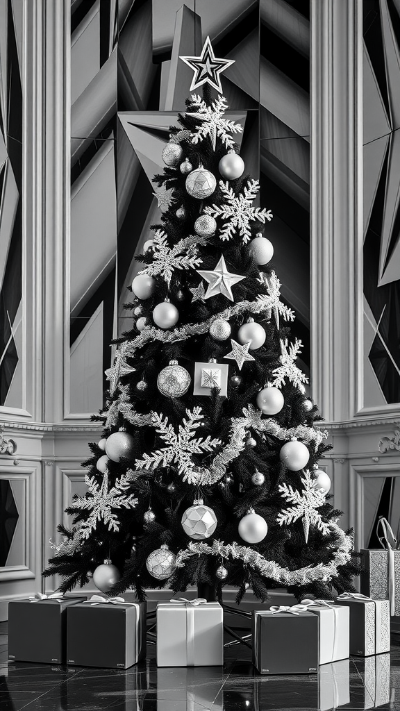 A black and white Christmas tree decorated with silver and white ornaments, featuring a star on top and surrounded by wrapped gifts.
