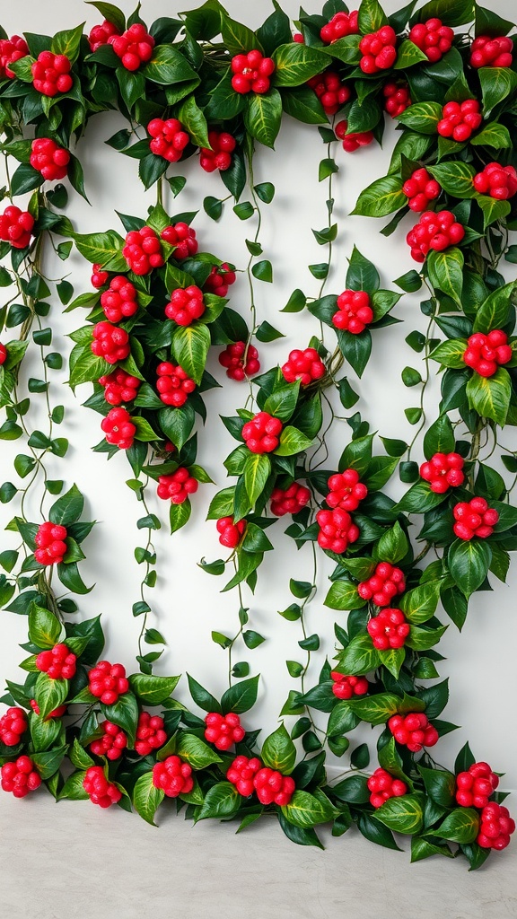 A wall decorated with vibrant red flowers and lush green leaves, showcasing holly and ivy arrangements.