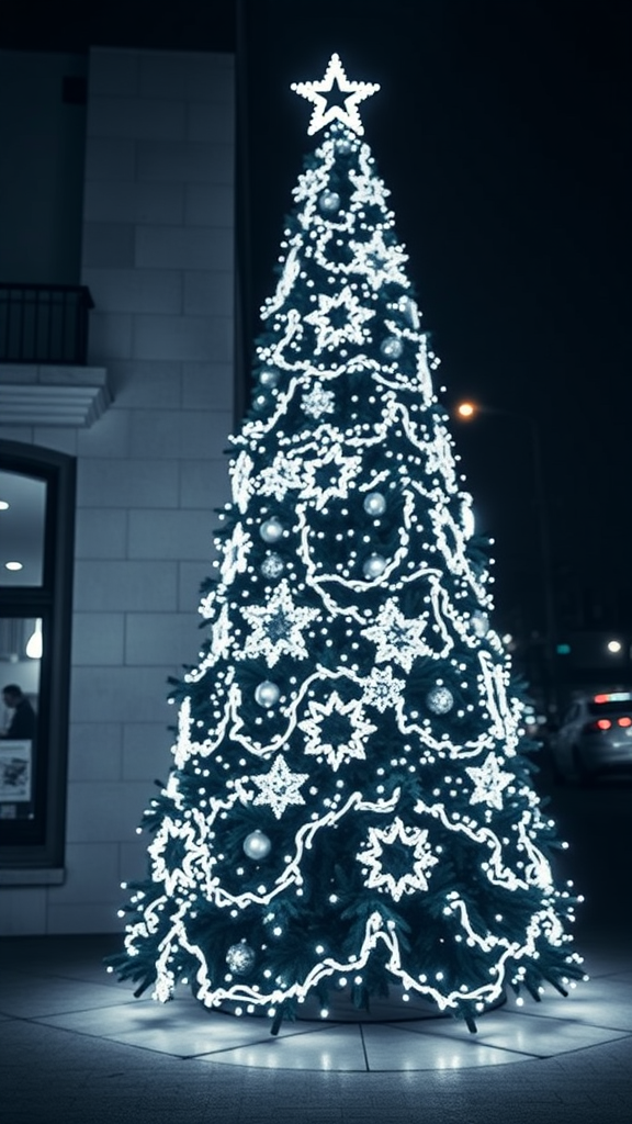 A beautifully lit black and white Christmas tree with sparkling decorations at night.