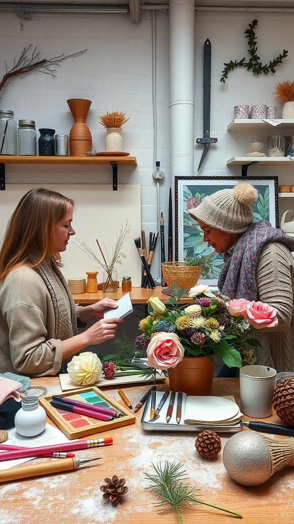Two people engaging in a floral DIY project surrounded by flowers and crafting materials