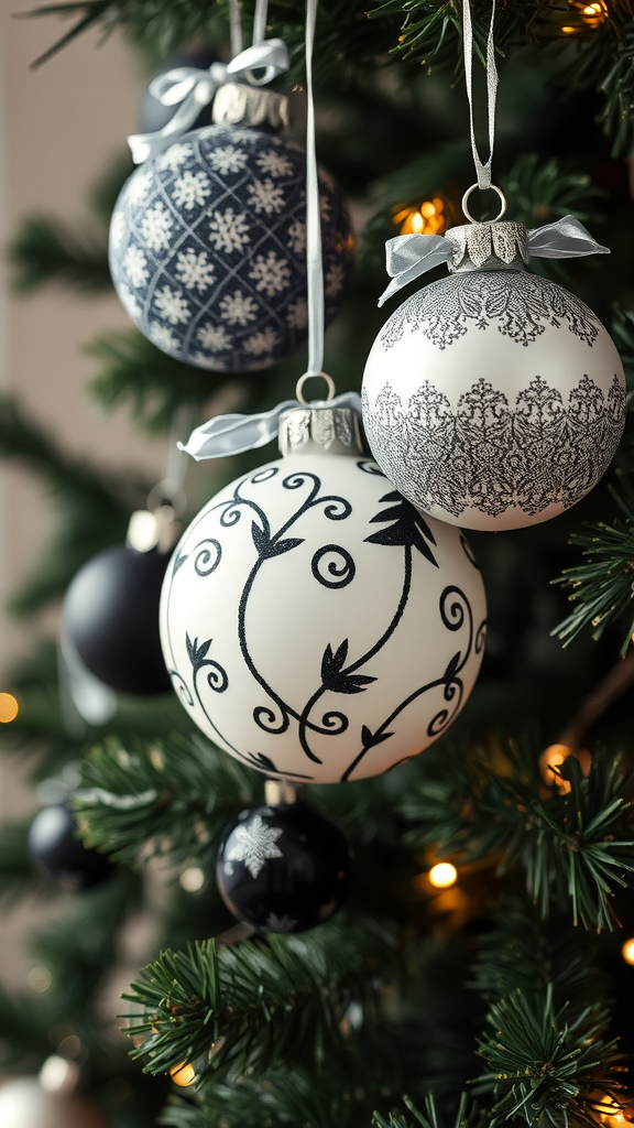 Decorative black and white ornaments on a Christmas tree