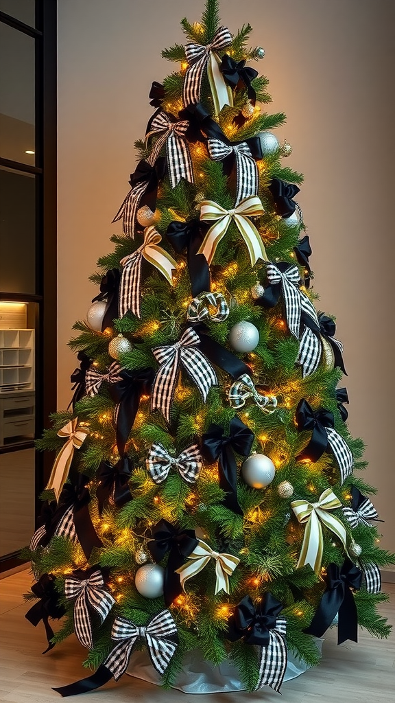 A beautifully decorated Christmas tree with black and white ribbons, bows, and silver ornaments, illuminated with warm lights.