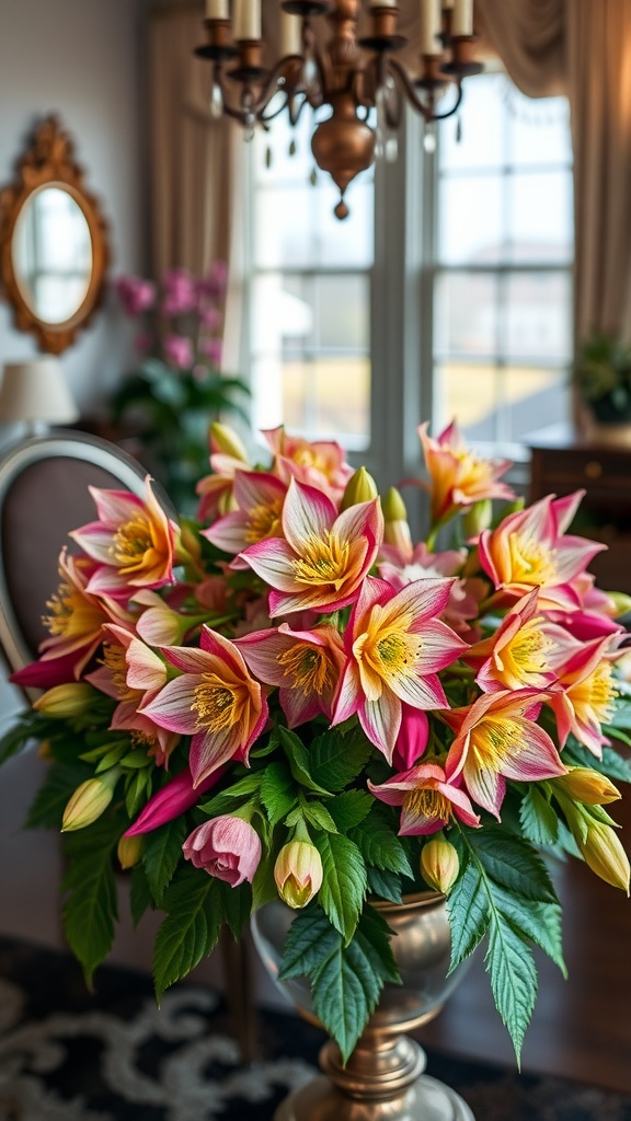 A vibrant arrangement of pink and yellow hellebores in a decorative vase, set in a well-lit room with elegant decor.