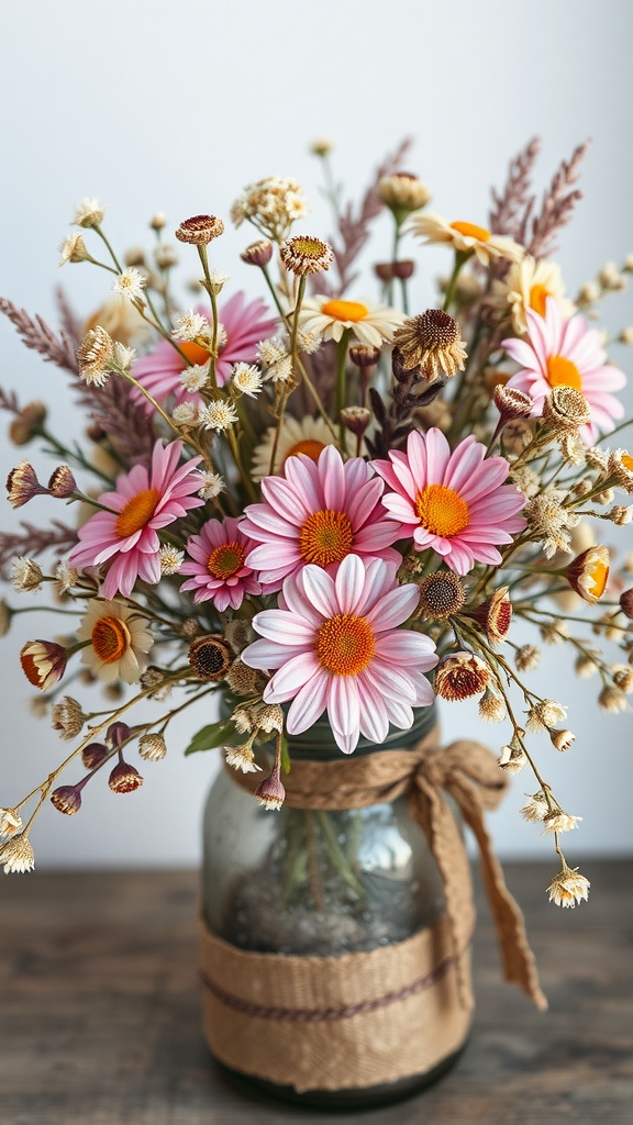 A bouquet of dried flowers featuring pink daisies and yellow accents in a rustic jar.