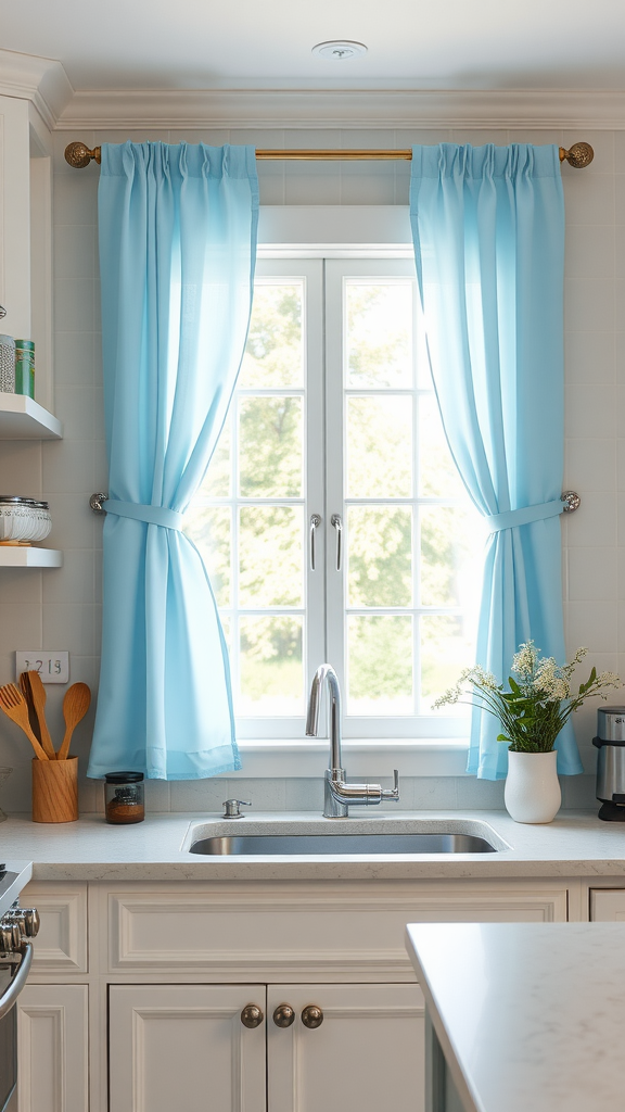 Light blue curtains hanging over a kitchen sink window