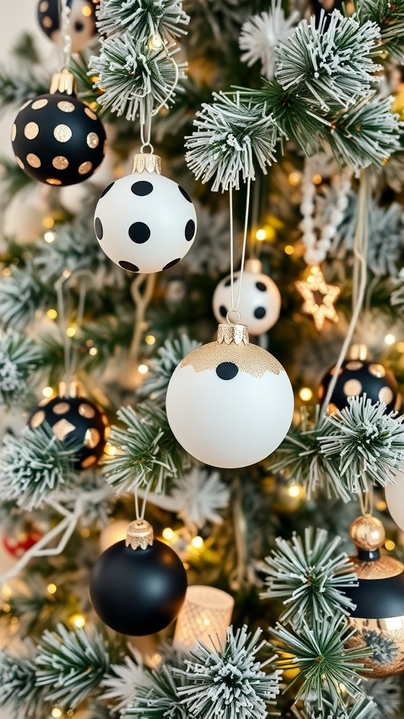 A close-up of a Christmas tree decorated with black and white baubles, featuring polka dots and elegant gold accents.