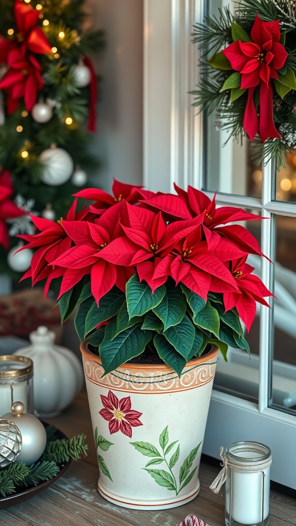 A charming arrangement of red poinsettias in a decorative pot, surrounded by winter decorations.