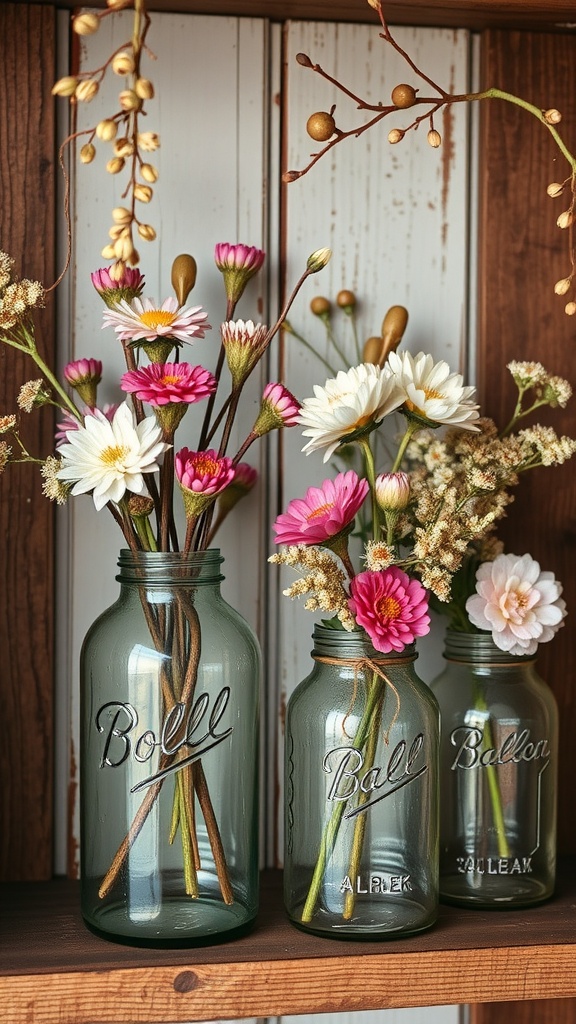 Vintage jars filled with colorful winter flowers arranged on a wooden shelf