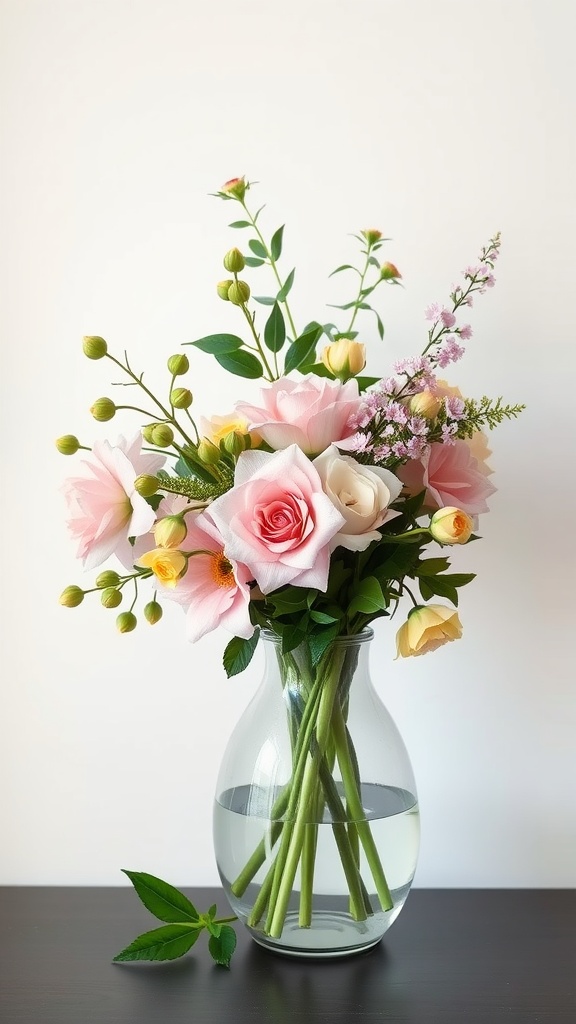 A vase filled with pink roses, yellow flowers, and greenery on a dark surface
