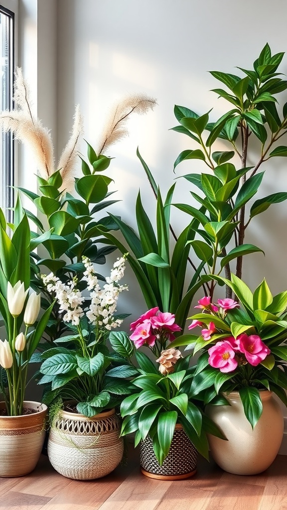 Indoor arrangement of winter flowers and lush greenery in various pots