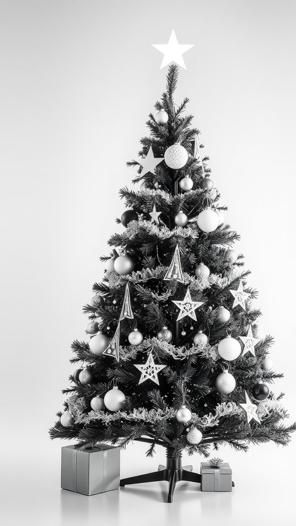 A black and white Christmas tree decorated with silver and black ornaments, featuring star-shaped decorations and silver gifts underneath.
