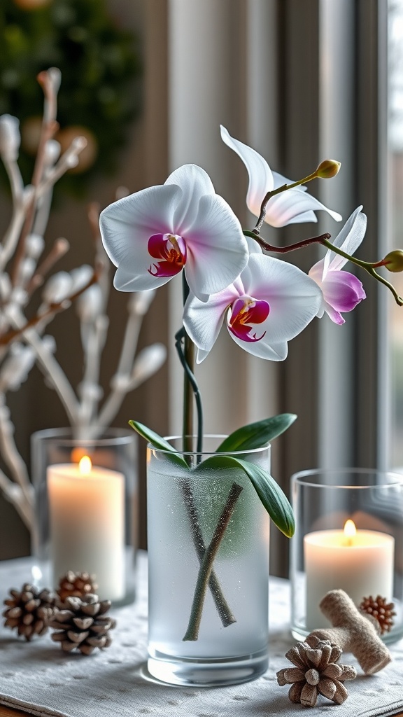 A beautiful arrangement of orchids in a frosted vase, surrounded by candles and pinecones on a table.