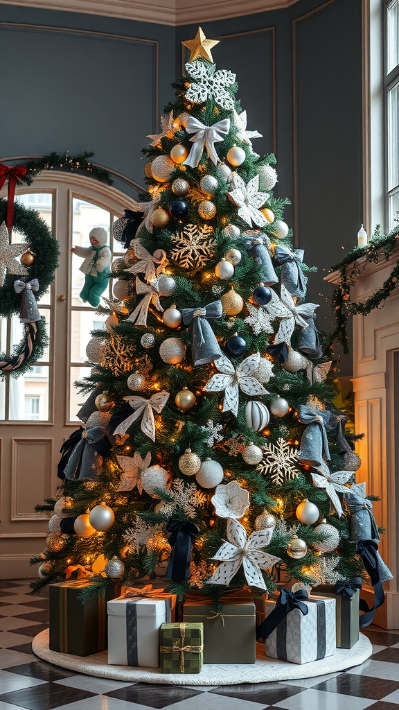 A beautifully decorated Christmas tree in black and white theme with gifts underneath.