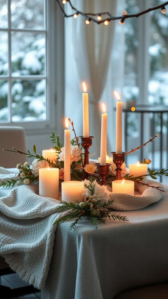 A cozy candlelit table setting with winter flowers and greenery, surrounded by soft candlelight.