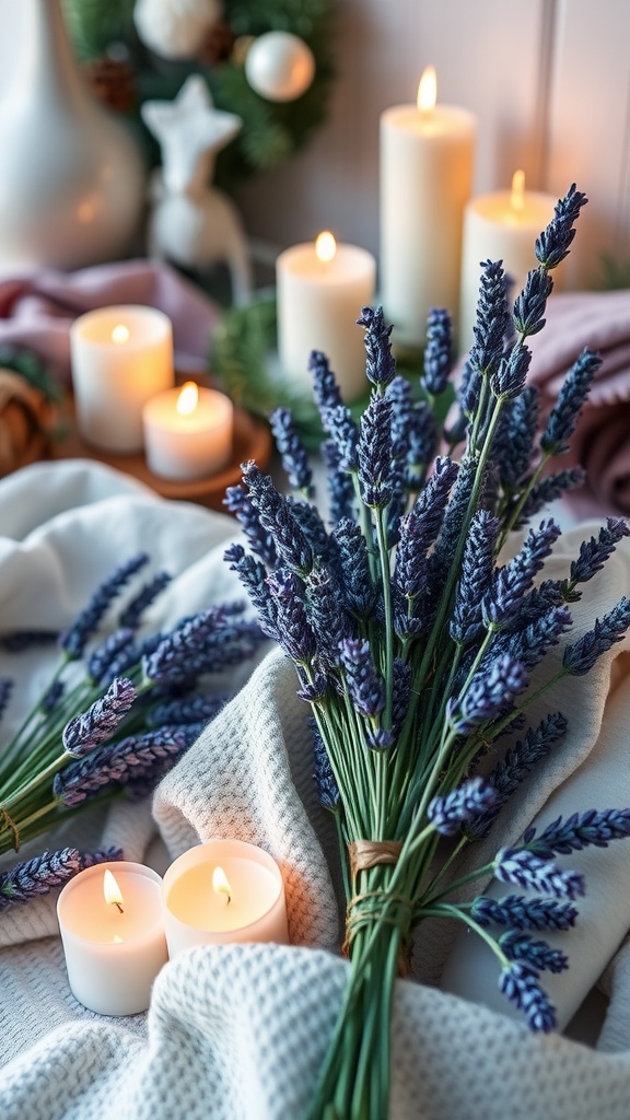 Bunch of lavender surrounded by candles and cozy textiles
