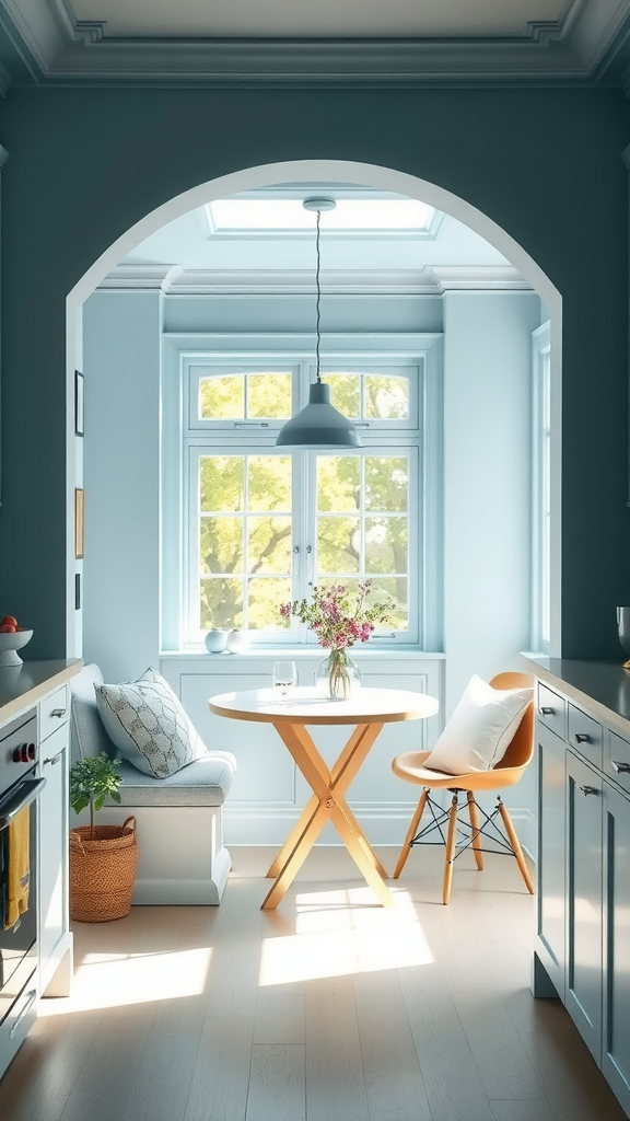 Cozy light blue kitchen nook with a round table and window