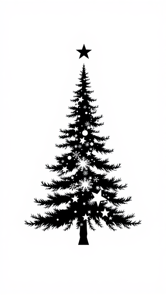 A black and white silhouette of a Christmas tree with stars and snowflakes.
