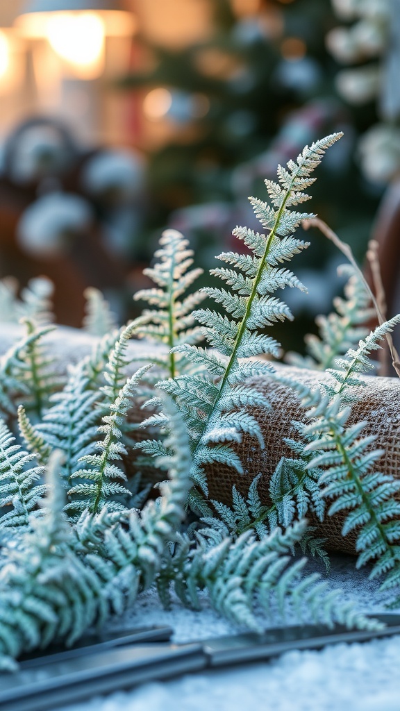Frosted ferns arranged on a burlap surface with soft lighting in the background