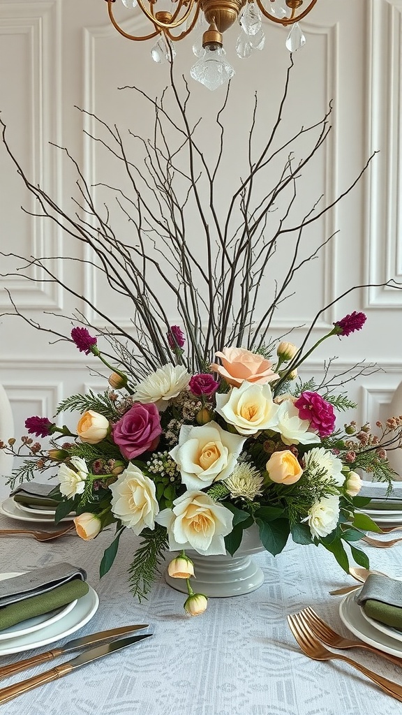 A beautiful floral centerpiece featuring roses, greens, and branches, set under a chandelier on a dining table.