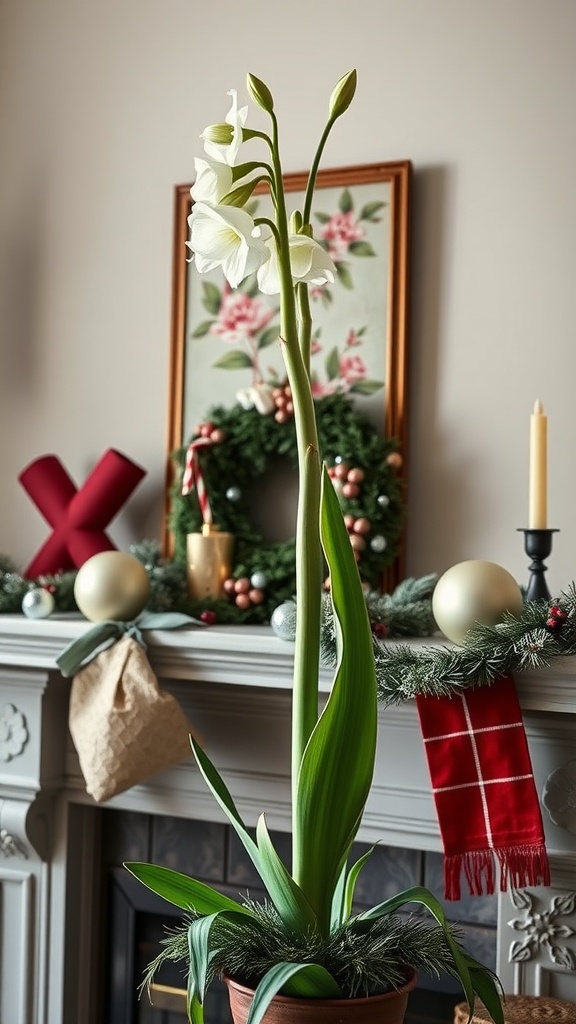 A tall amaryllis plant with white flowers in a holiday-themed living room setting