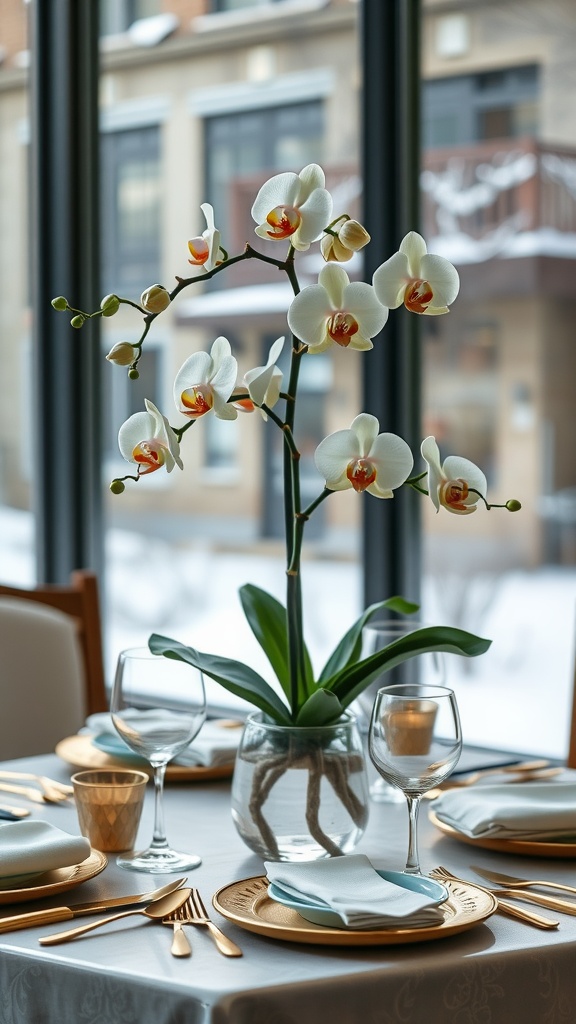 A table set with elegant white orchids in a clear vase, surrounded by gold cutlery and soft blue napkins, with a snowy backdrop outside.