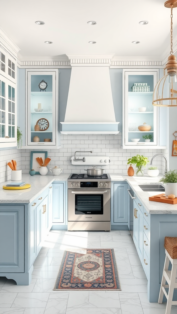 A modern light blue and white kitchen with sleek cabinetry and a cozy rug.