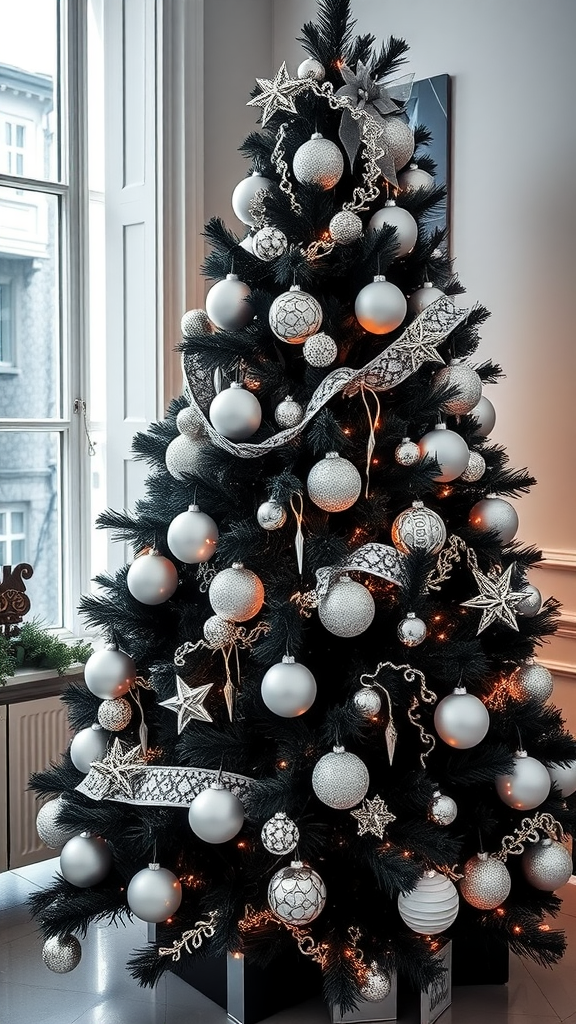 A black Christmas tree decorated with silver ornaments and ribbons, showcasing an elegant monochrome design.