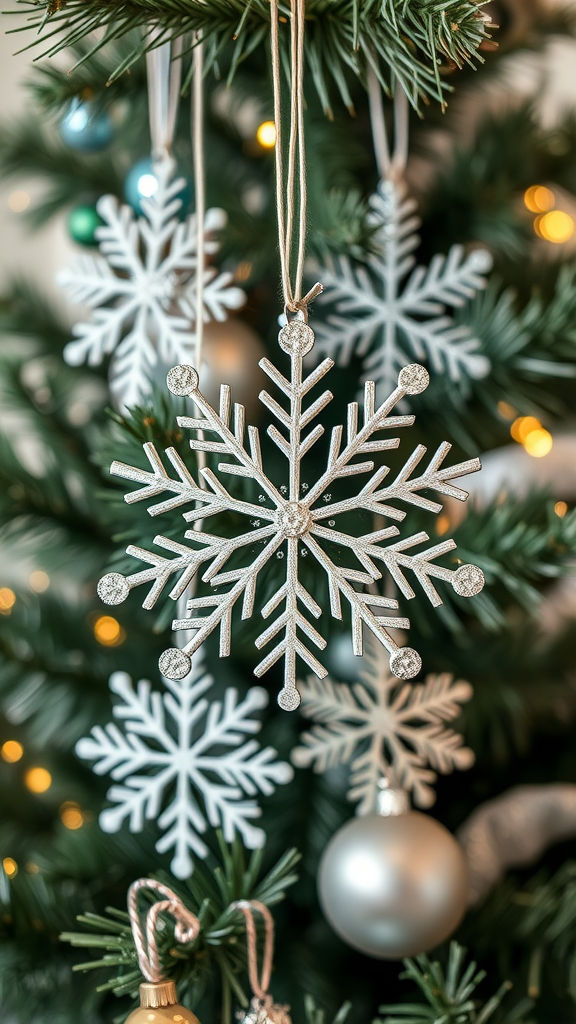 Close-up of snowflake ornaments hanging from a Christmas tree, with green branches and warm lights.