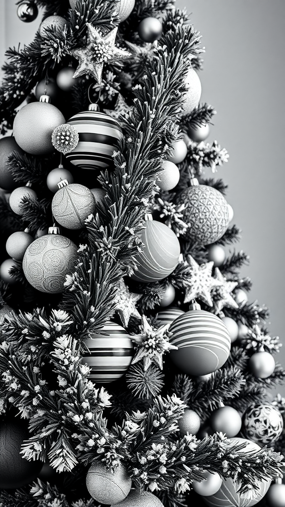 A black and white garland with decorative ornaments on a Christmas tree