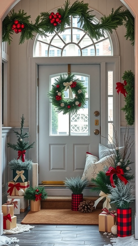 Festive entryway with a decorative wreath, evergreen trees, gifts, and holiday decor.