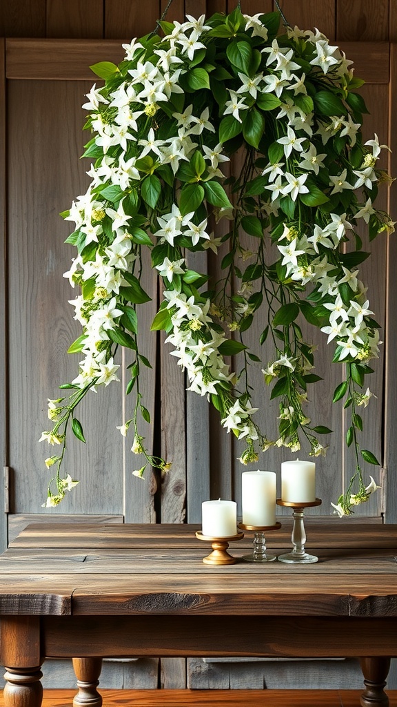 Hanging display of winter jasmine flowers with candles on a wooden table
