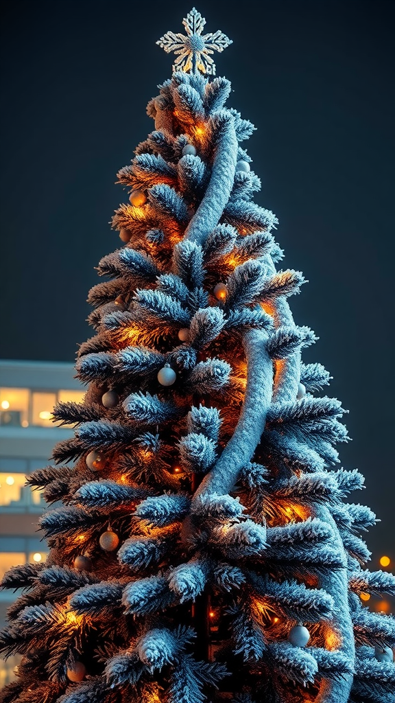 A frosted Christmas tree with warm lights, showcasing a modern black and white theme.