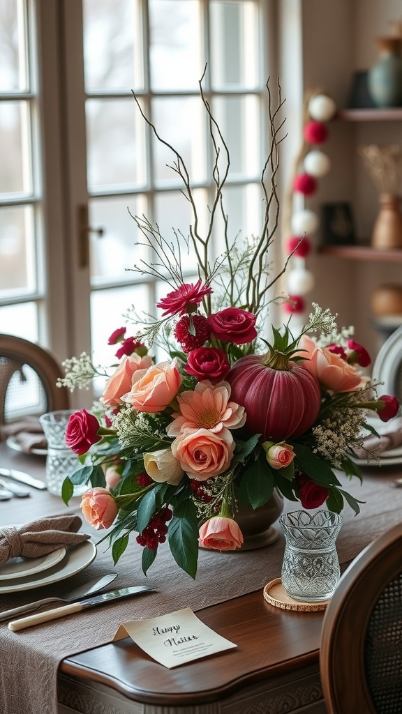 A beautifully arranged floral centerpiece featuring winter flowers like pink roses and red blooms on a dining table, with elegant glassware and a handwritten note.