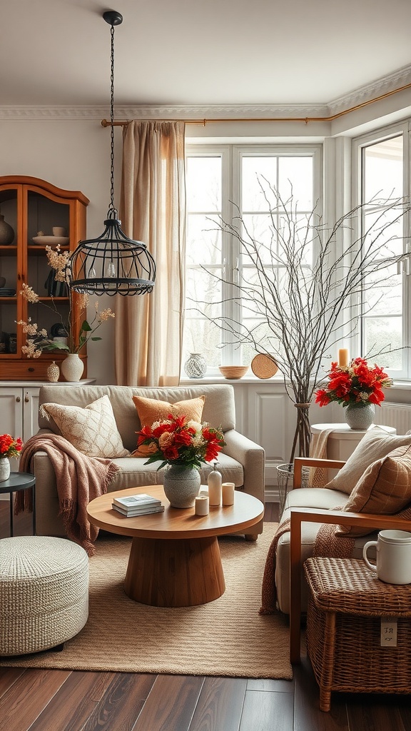 Cozy living room with winter flowers in a vase, soft furnishings, and natural light.
