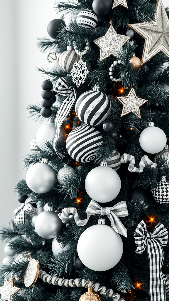 A beautifully decorated black and white Christmas tree with various ornaments and textures.