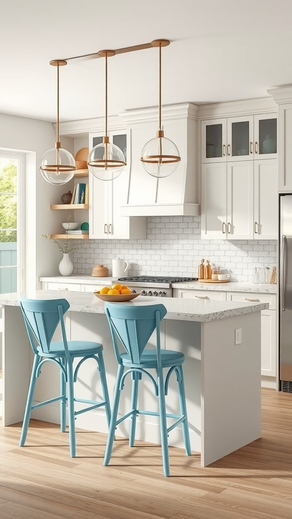 Contemporary kitchen with light blue accents and modern fixtures.