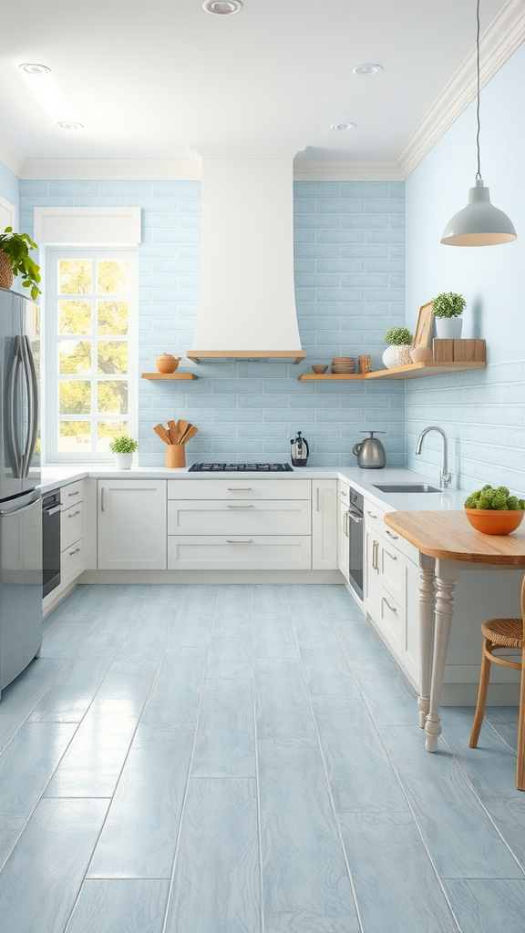 A modern kitchen featuring light blue flooring and white cabinets