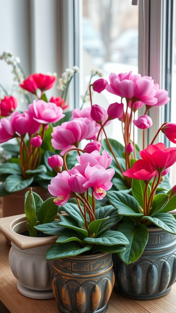 A collection of vibrant cyclamen plants in decorative pots by a window