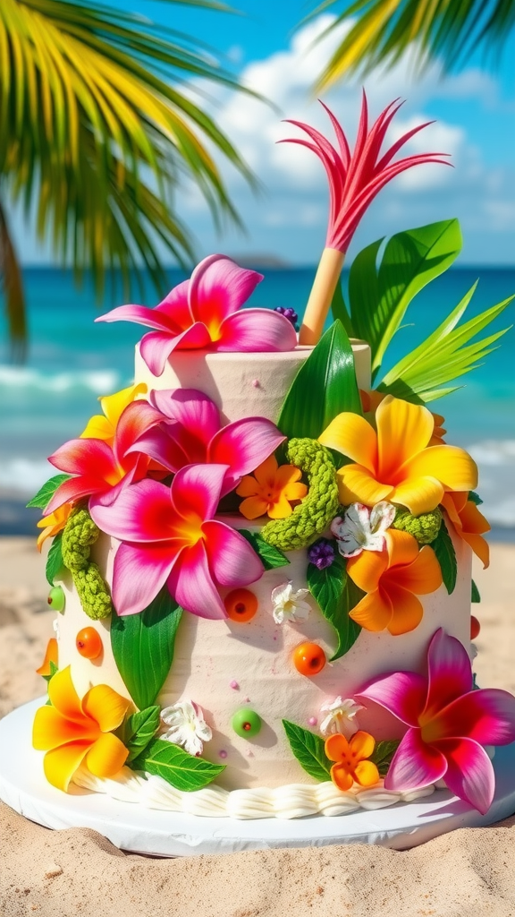 A beautifully decorated luau cake with tropical flowers and greenery on a beach