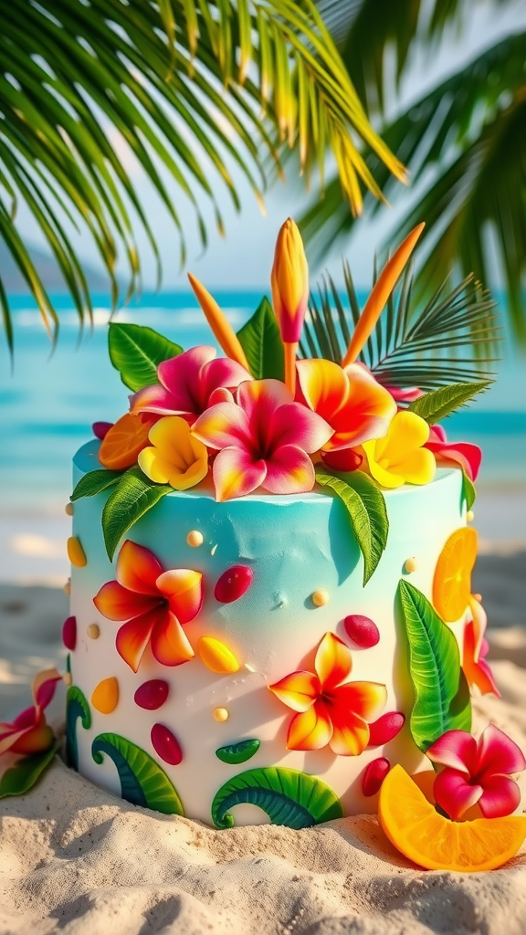 A beautifully decorated luau cake with tropical flowers and leaves