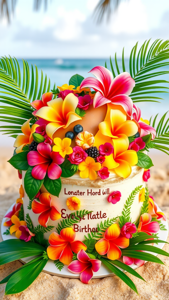A beautifully decorated luau cake with vibrant flowers and tropical leaves on a sandy beach.